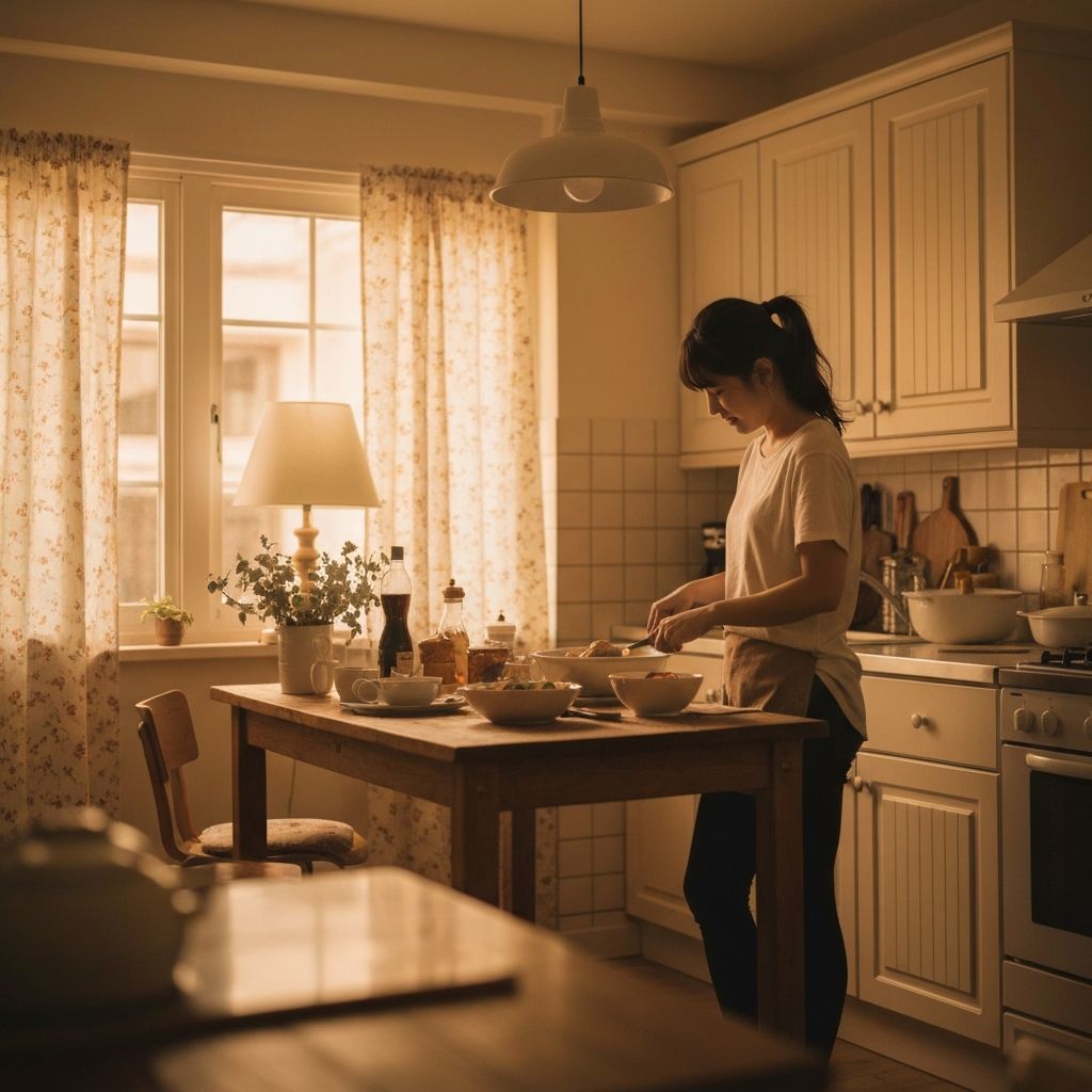 Спокойна домашна кухня вечер с топло осветление